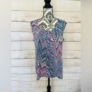 Studio Works Women’s Colorful Chevron Round Neck Plated Front Sleeveless Top L